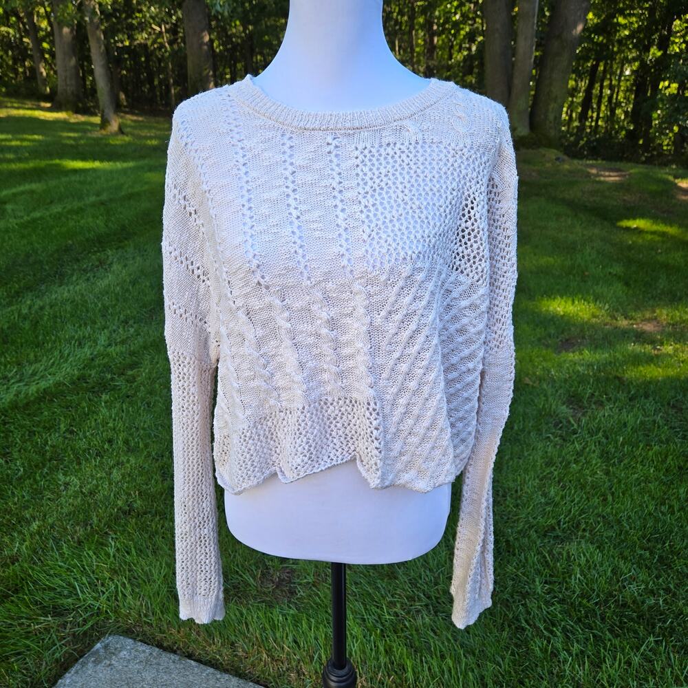 Sincerely Jules Open Knit Ivory Cropped LS Sweater Mixed Pattern Boho sz Medium